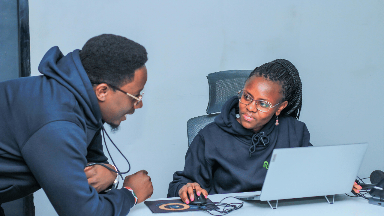 Start-up founders planning sustainable global expansion strategy.